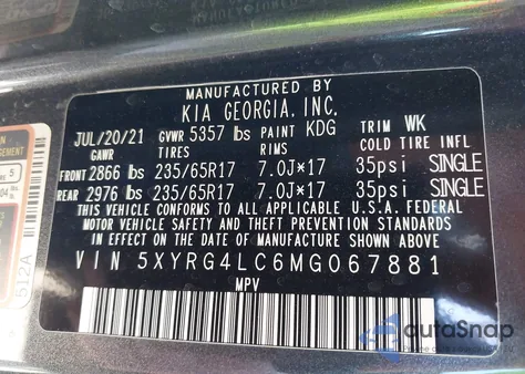2021 Kia Sorento Lx from USA, damaged, VIN 5XYRG4LC6MG067881